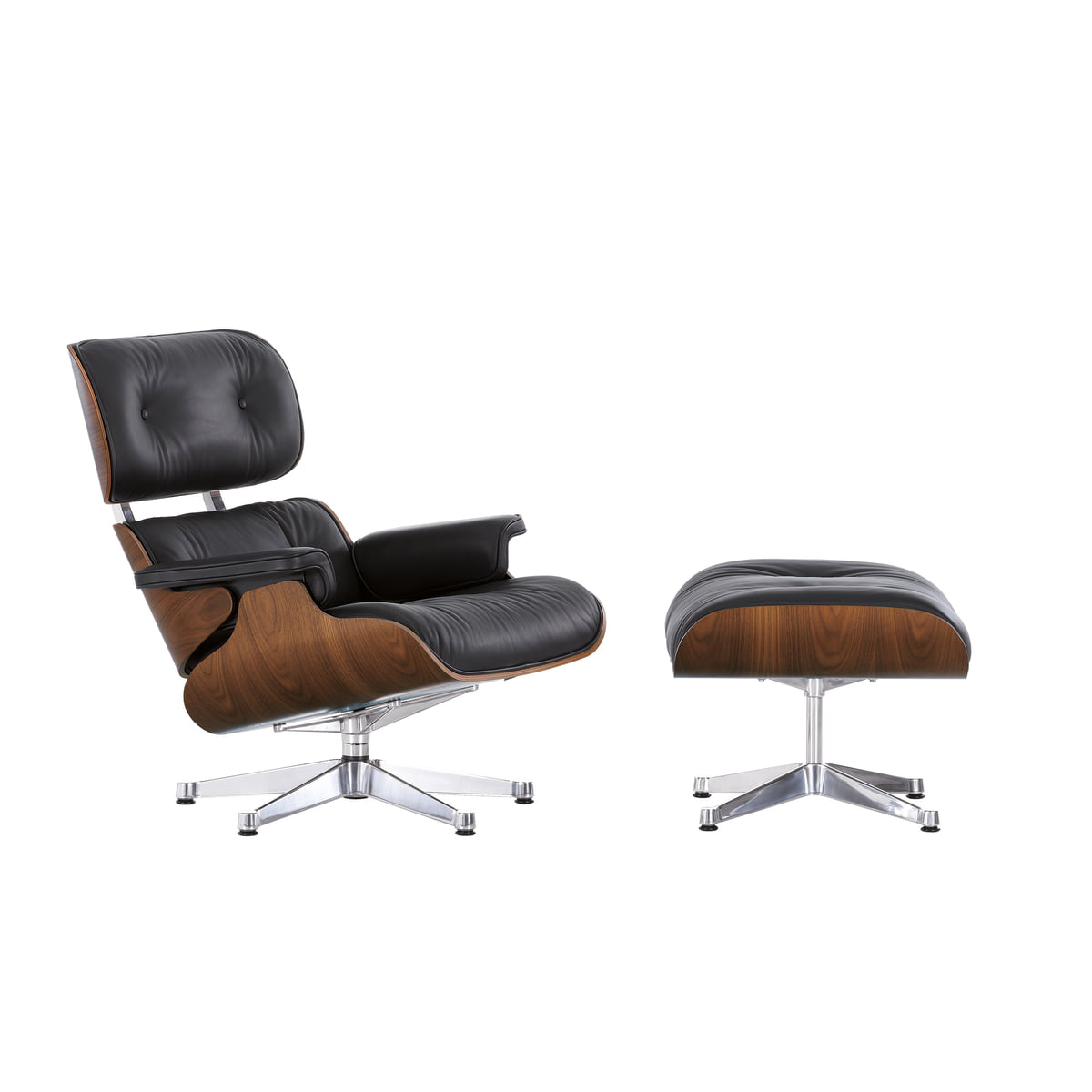 Vitra - Eames Lounge Chair Sessel & Ottoman klassische Maße - schwarz nero/Leder Premium F 66 (nachhaltig)/Schale Nussbaum schwarz pigmentiert/Gestell von Vitra