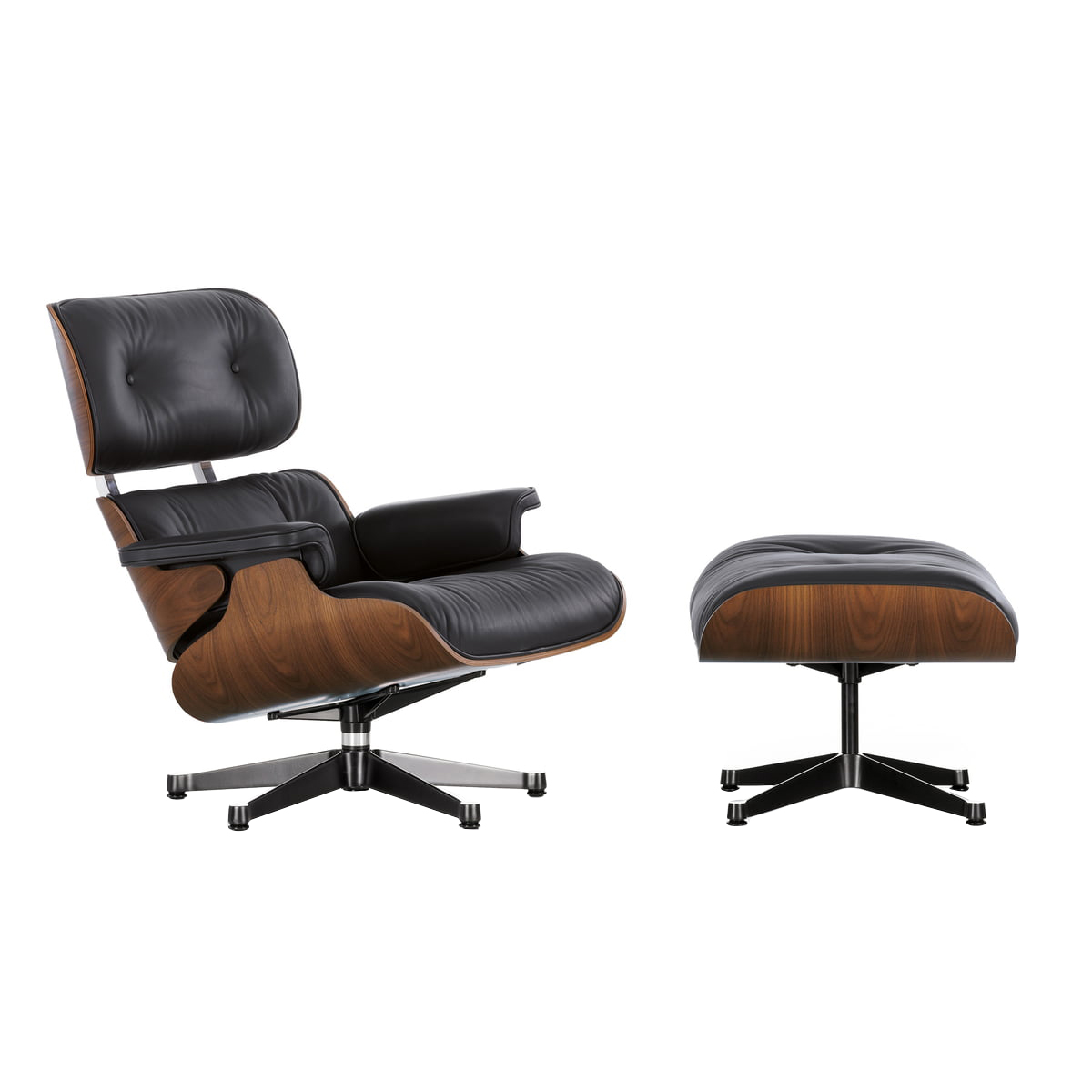 Vitra - Eames Lounge Chair Sessel & Ottoman - schwarz nero/Leder Premium F 66 (nachhaltig)/Schale Nussbaum schwarz pigmentiert/Gestell poliert schwarz von Vitra