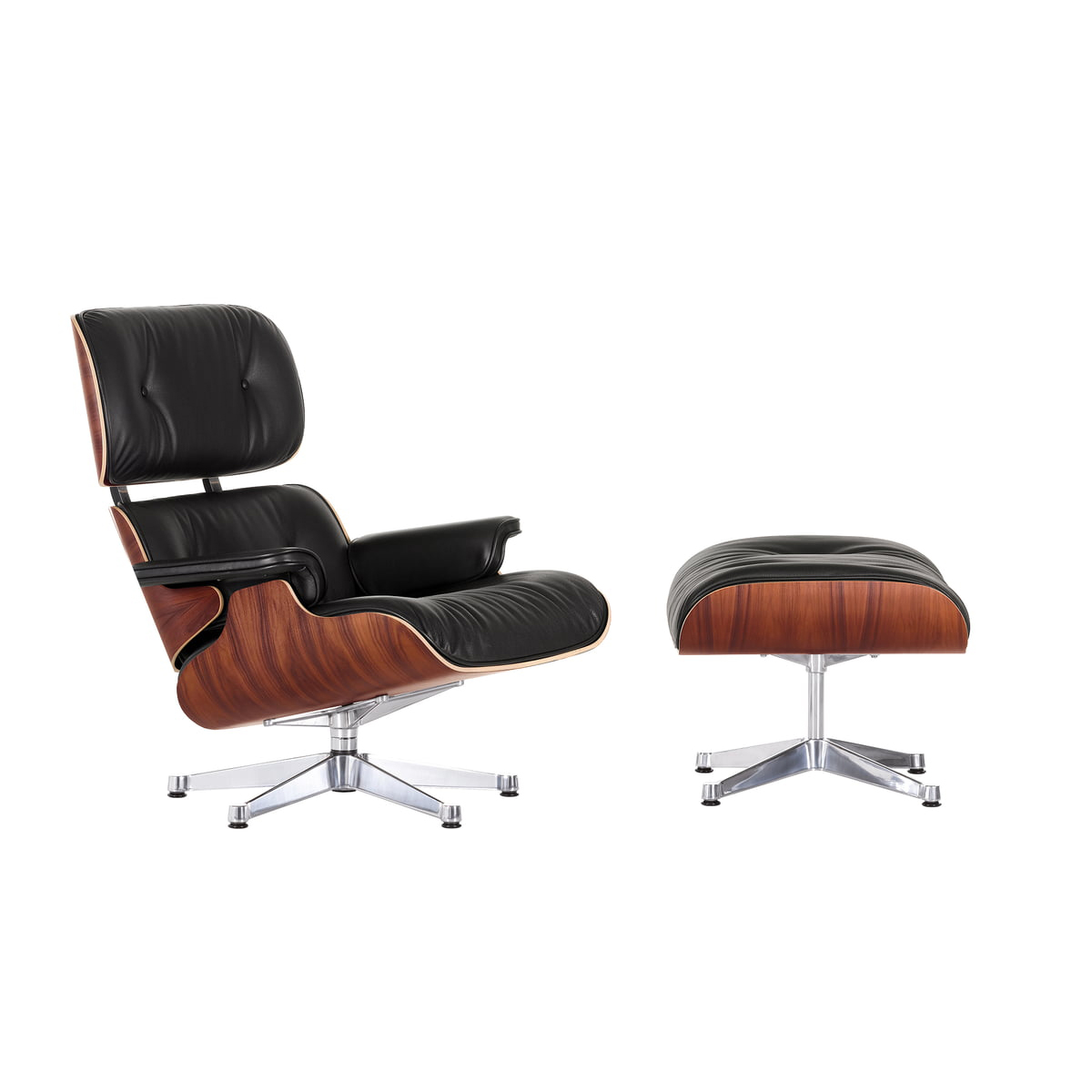 Vitra - Eames Lounge Chair Sessel & Ottoman - schwarz nero/Leder Premium F 66 (nachhaltig)/Schale Santos Palisanderholz/Gestell Aluminium poliert von Vitra