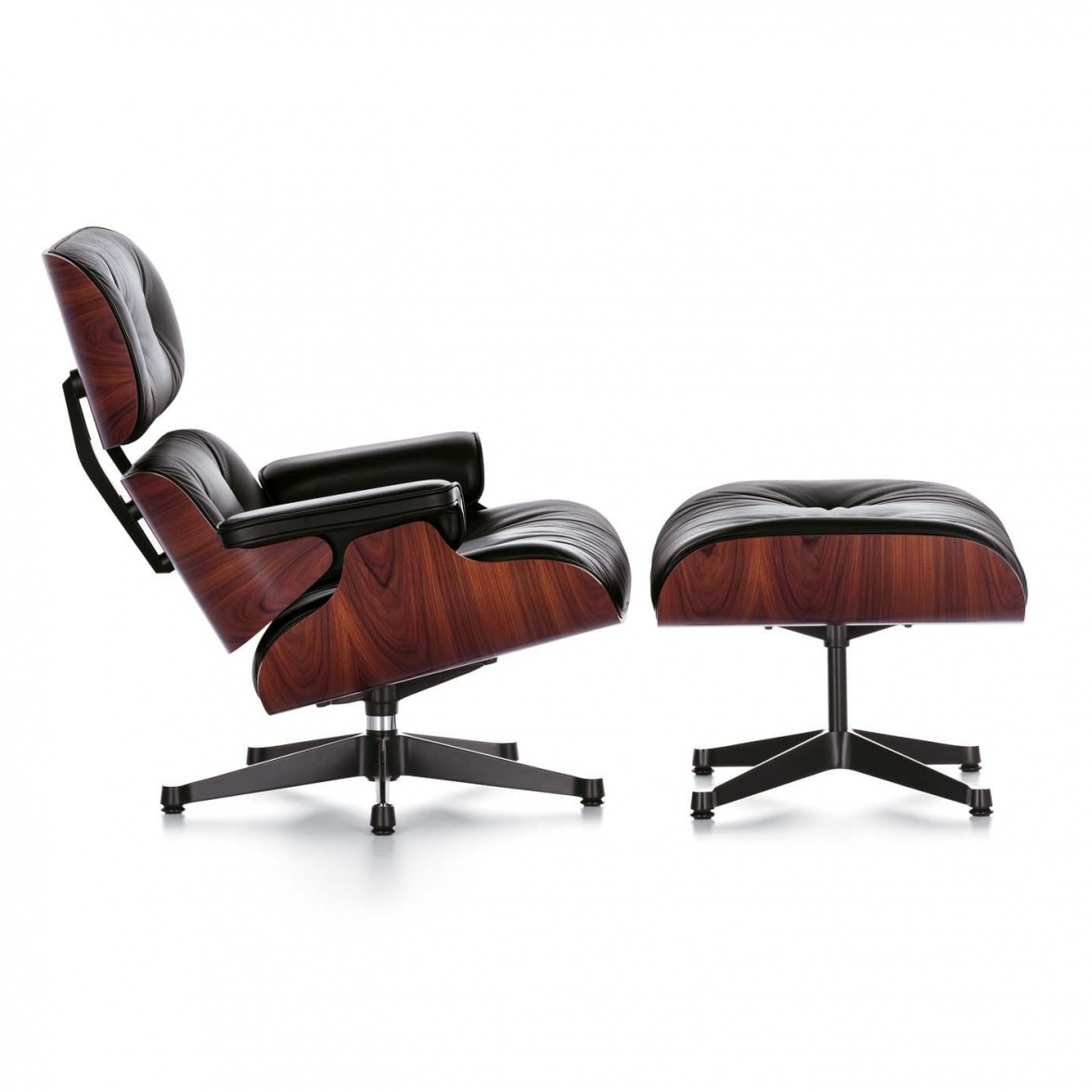 Vitra - Eames Lounge Chair Sessel & Ottoman - schwarz nero/Leder Premium F 66 (nachhaltig)/Schale Santos Palisanderholz/Gestell poliert schwarz von Vitra