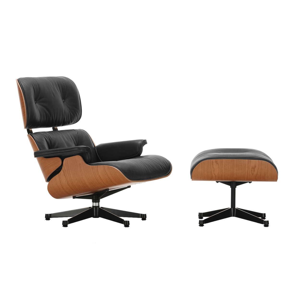 Vitra - Eames Lounge Chair Sessel & Ottoman - schwarz nero/Leder Premium F 66 (nachhaltig)/Schale amerikanischer Kirschbaum/Gestell poliert schwarz von Vitra