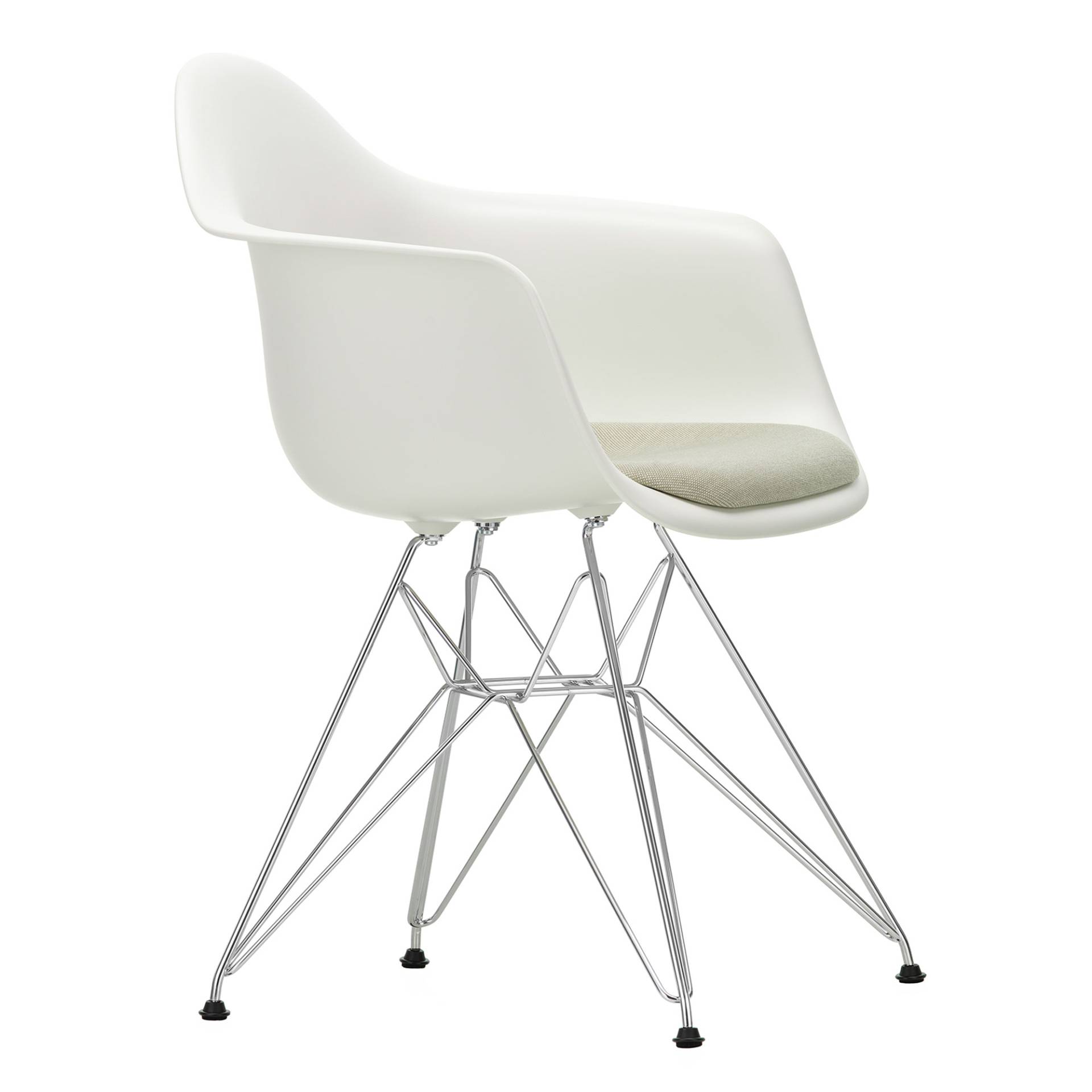 Vitra - Eames Plastic Armchair DAR gepolstert verchromt - weiß/Hopsak 79 warmgrey/ivory/Eiffelturmgestell verchromt/mit Filzgleitern von Vitra