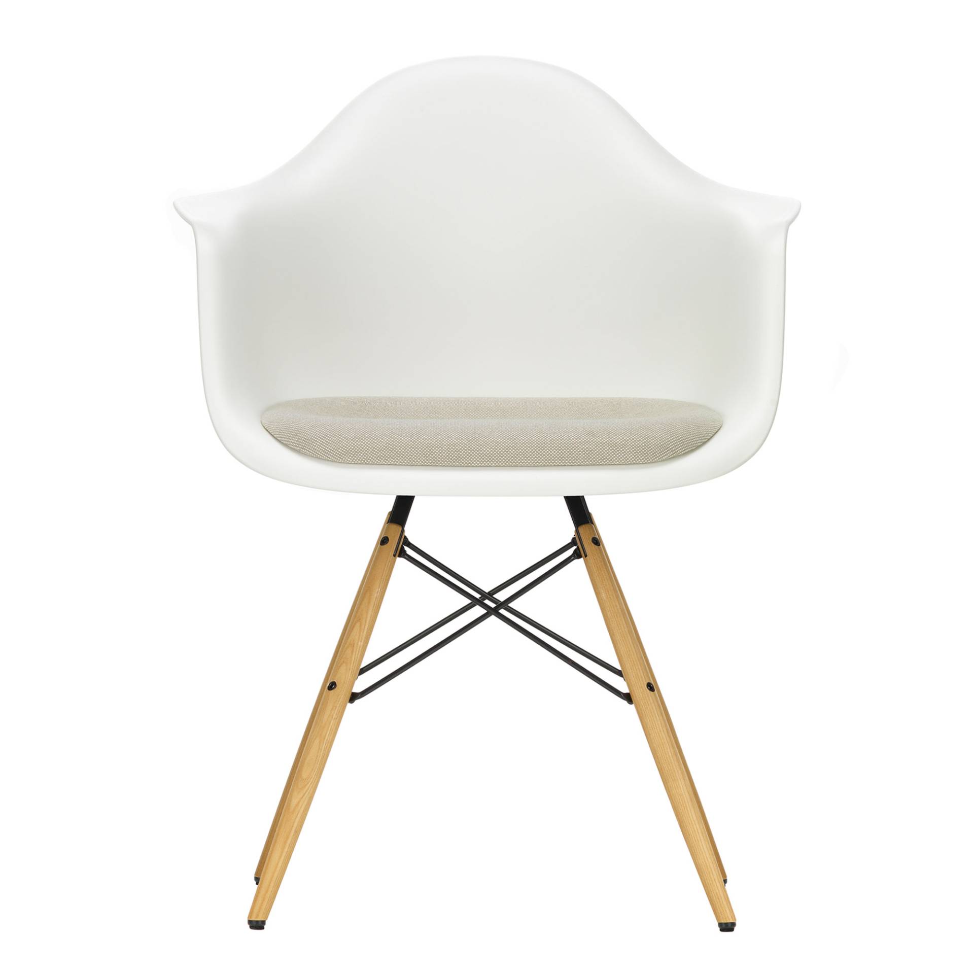 Vitra - Eames Plastic Armchair DAW gepolstert Esche - weiß/Hopsak 79 warmgrey/ivory/Gestell Esche honigfarben/Stahl schwarz/mit Filzgleitern von Vitra