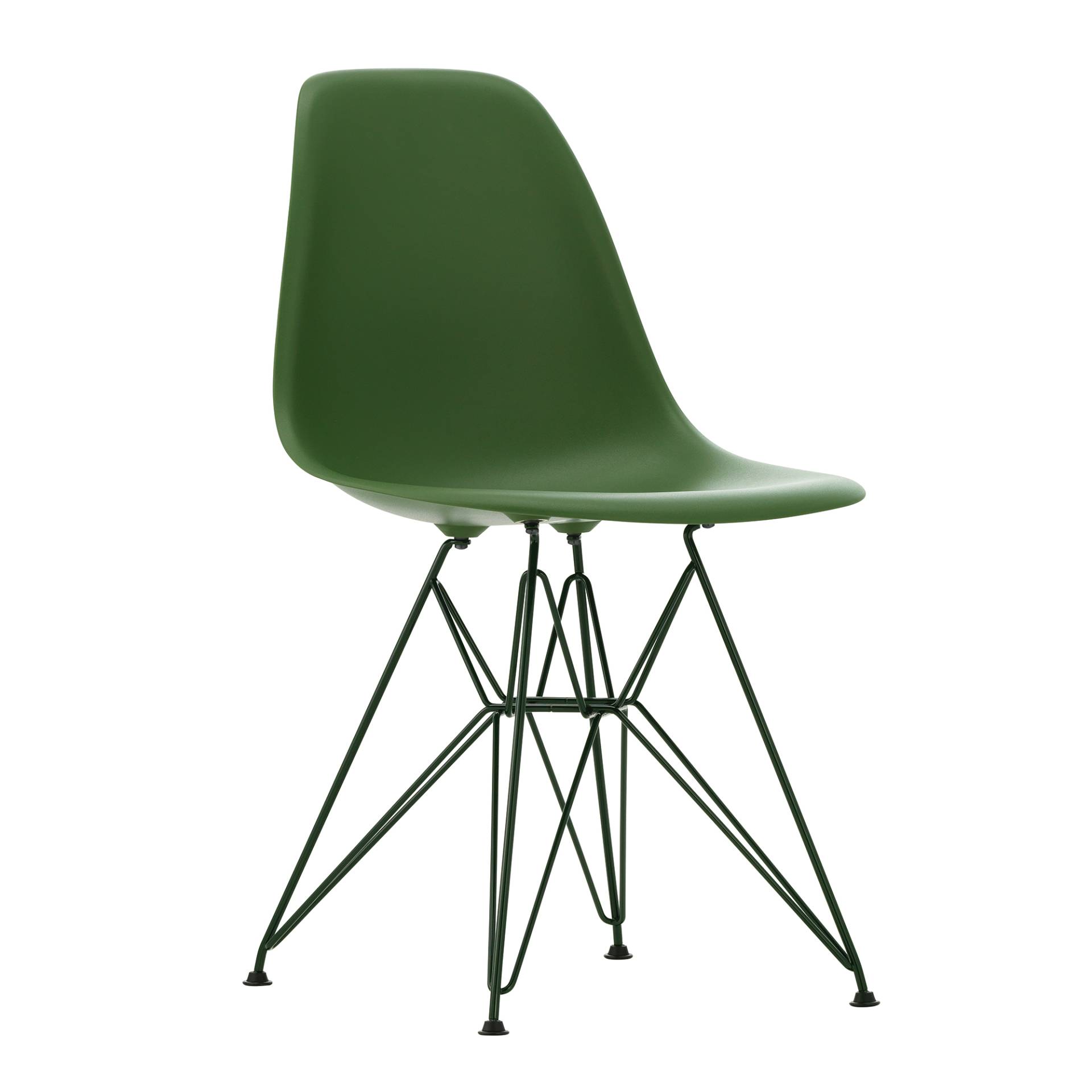 Vitra - Eames Plastic Side Chair DSR RE Gestell dunkelgrün - forest/Sitzschale recycelter Post Consumer Kunststoff/Eiffelturmgestell pulverbeschichtet von Vitra