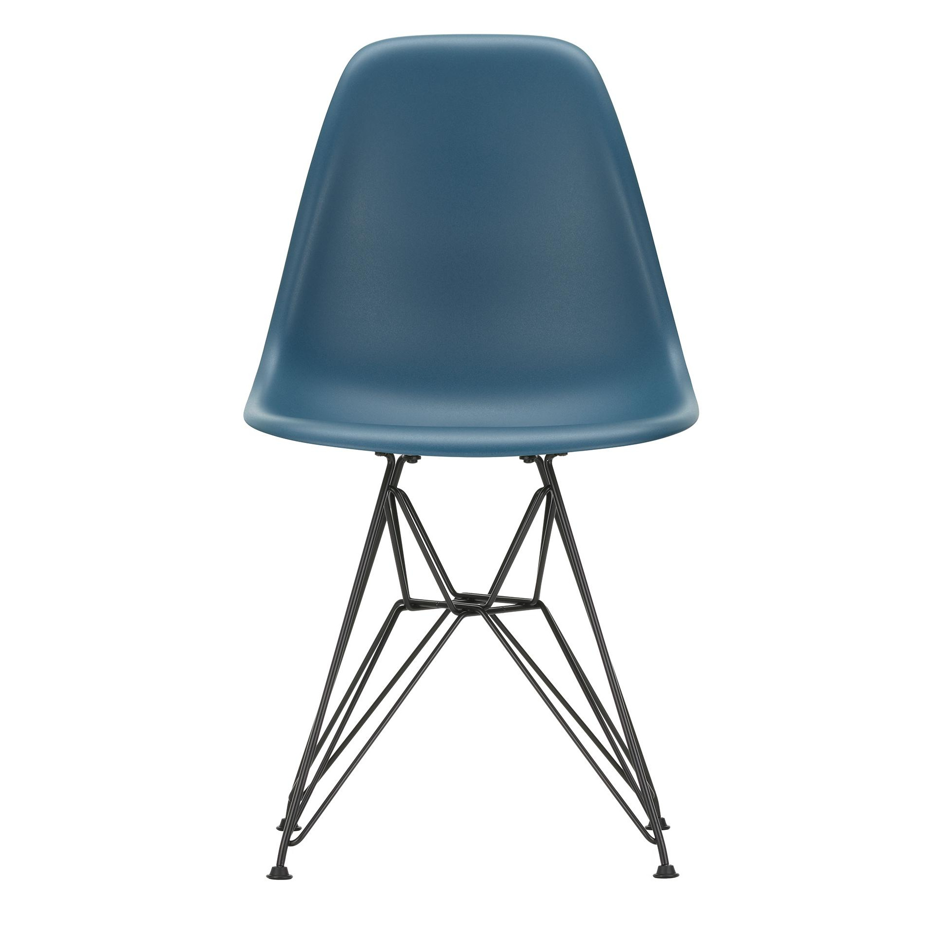 Vitra - Eames Plastic Side Chair DSR RE Gestell schwarz - meerblau/Sitzschale recycelter Post Consumer Kunststoff/Eiffelturmgestell pulverbeschichtet von Vitra