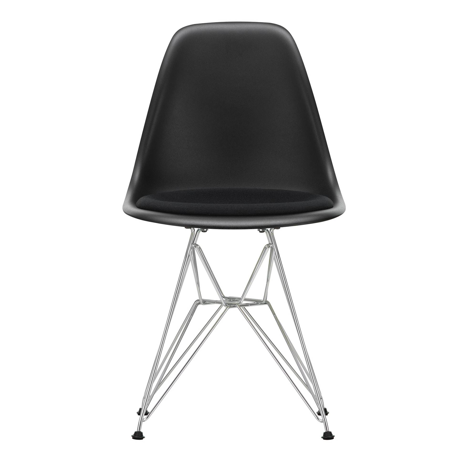 Vitra - Eames Plastic Side Chair DSR gepolstert verchromt - tiefschwarz/Hopsak 66 nero/Eiffelturmgestell verchromt/mit Filzgleitern von Vitra