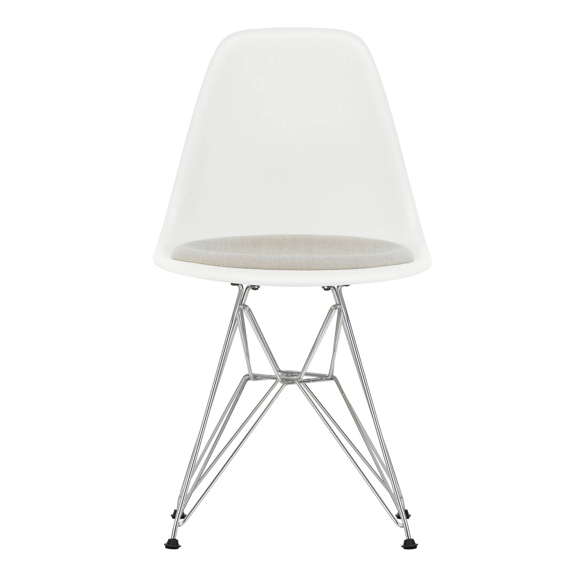Vitra - Eames Plastic Side Chair DSR gepolstert verchromt - weiß/Hopsak 79 warmgrey/ivory/Eiffelturmgestell verchromt/mit Filzgleitern von Vitra