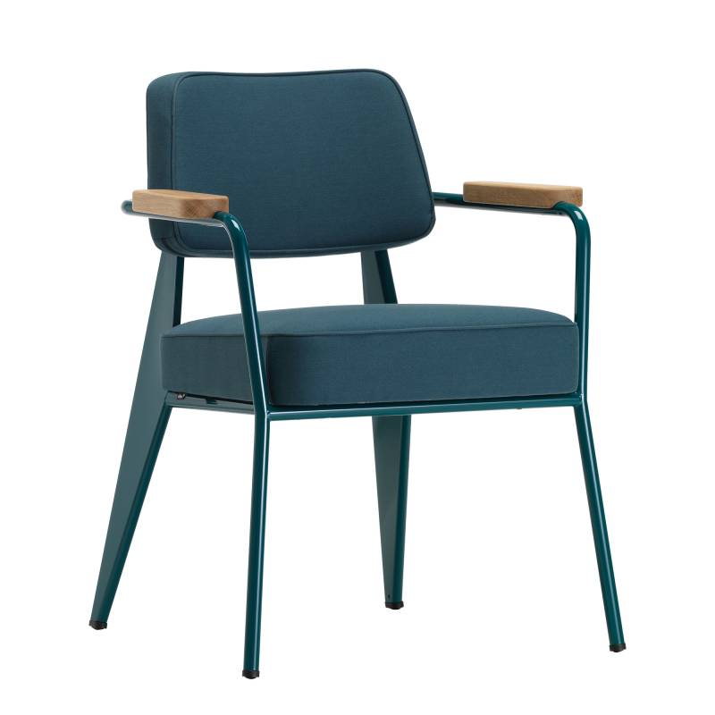 Vitra - Fauteuil Direction Armlehnstuhl - blaugrau, prouvé bleu dynastie/Stoff Twill 03/Armlehnen Eiche natur/Gestell Stahl pulverbesichtet prouvé ble von Vitra