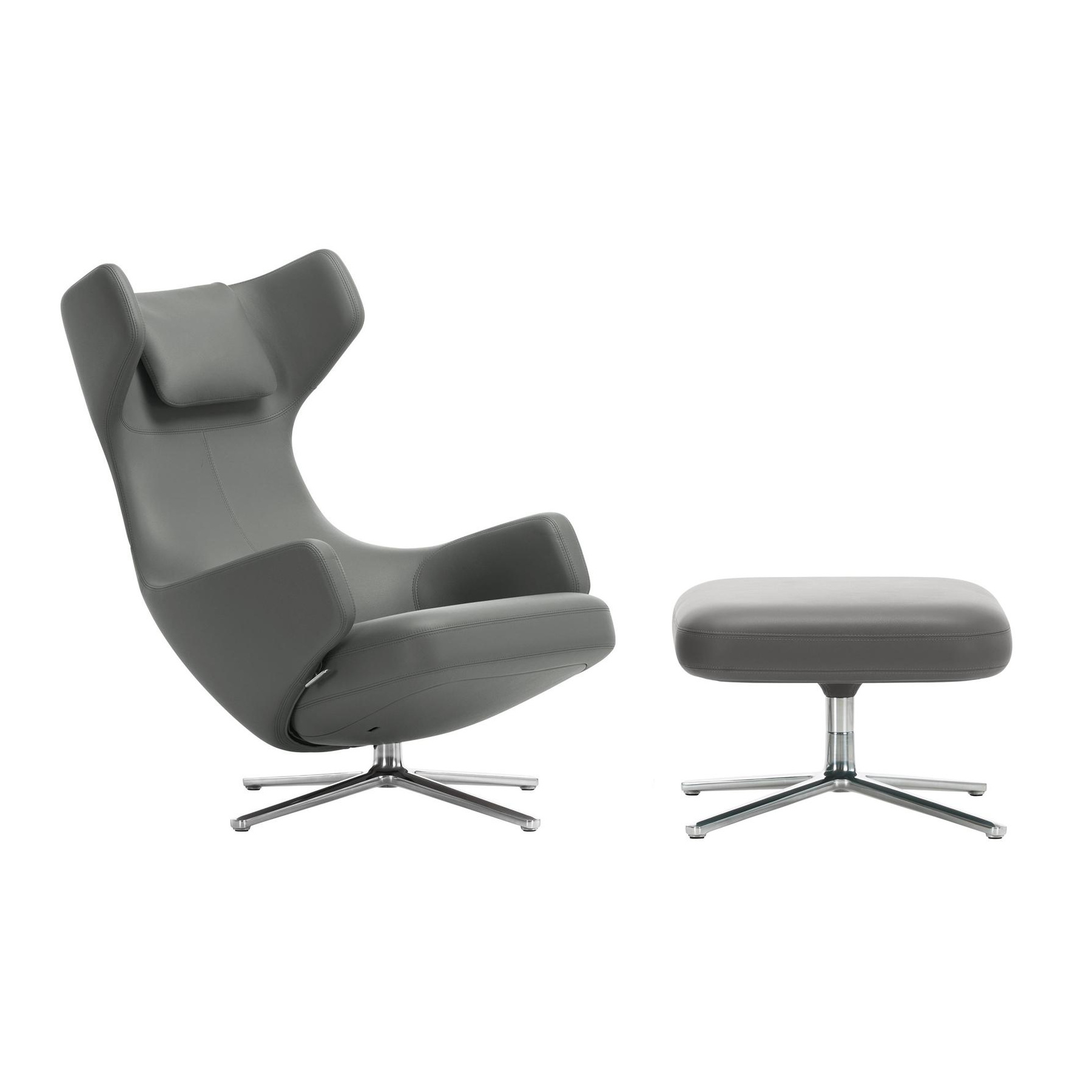 Vitra - Grand Repos Sessel & Ottoman Leder - granit/Premium F Leder 65/mit Kontrastnaht und Doppelstich/ Bezug abnehmbar/Fuß Aluminium-Druckguss polie von Vitra