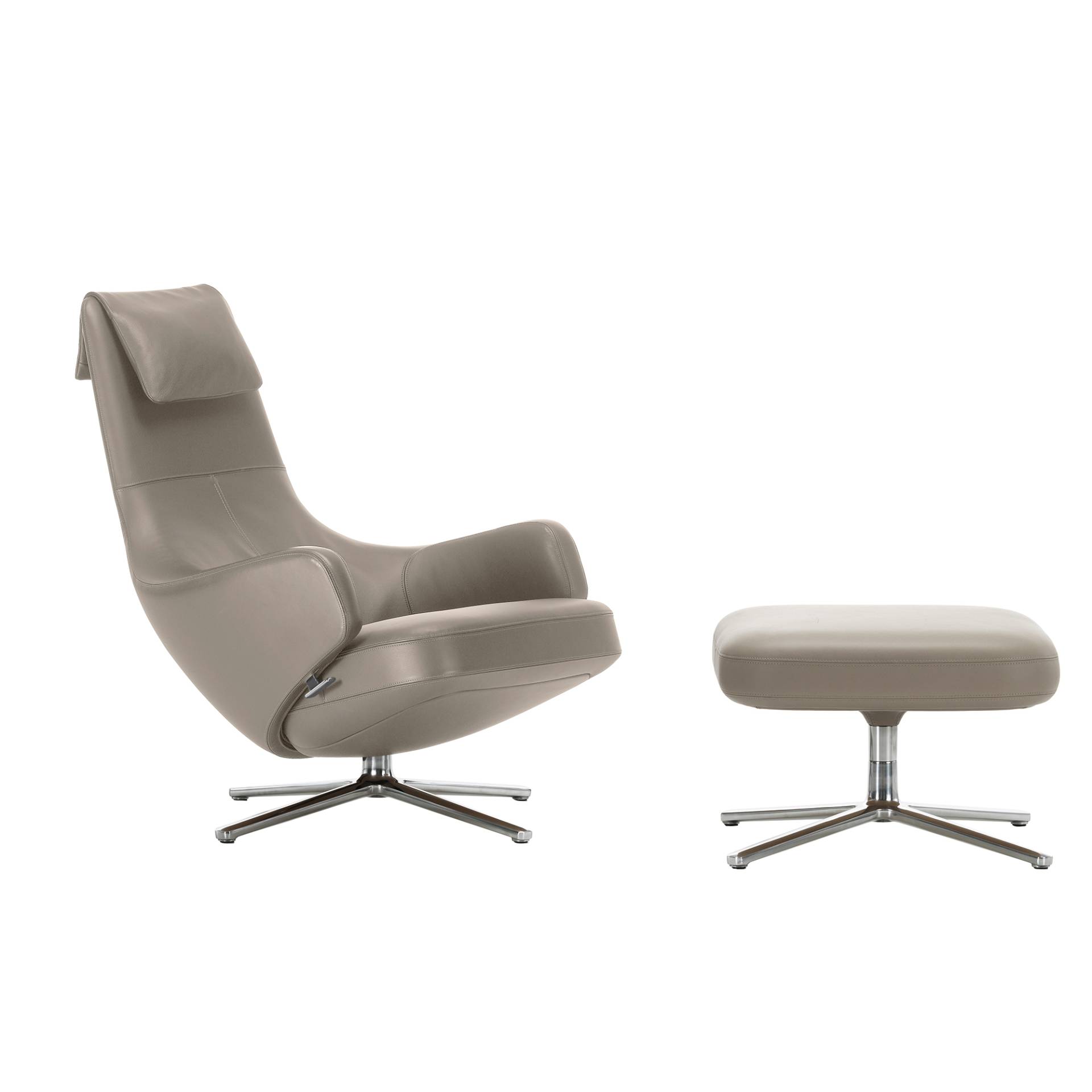 Vitra - Repos Sessel & Ottoman - sand/Bezug Premium F Leder 71/mit Kontrastnaht und Doppelstich/Fuß Aluminium-Druckguss poliert von Vitra