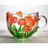 Handgemachte Korallen Tulpen Kaffeetasse Buntglas-stil, Personalisiert von Vitraaze