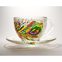 Handbemaltes Feder Teetassen-Set Boho-Teetasse Und Untertasse von Vitraaze