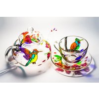 Handbemaltes Kolibri Glas Tee-Set Teekanne, Tasse & Untertasse von Vitraaze