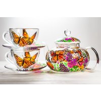 Handbemaltes Schmetterlings-Tee-Set Glas-Teekanne Mit Tassen von Vitraaze