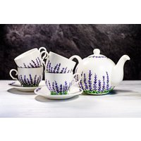 Keramik Tee-Set Personalisierte Lavendel Teekanne Mit 4 Tassen Und Untertassen Porzellan Handbemalte von Vitraaze