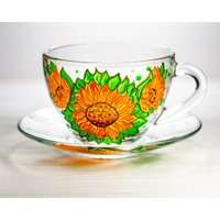 Personalisiertes Sonnenblumen-Teeset, Blumen-Teetasse Und Untertassen-Set, Personalisiertes Muttertagsgeschenk von Vitraaze