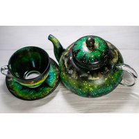 Teekanne Mit Tassen Und Untertassen Personalisiertes Teeset, Nordlichter Geschenk von Vitraaze