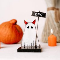 Halloween Katzengeist Glasmalerei Suncatcher Auf Steinständer - Halloween-Dekoration, Halloween-Geschenke von VitrageArtSouvenirs
