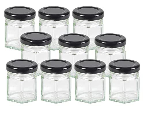 Vitrea 10x Sechskantgläser 47ml inkl. Schwarzen Twist-Off Verschluss als Einmachglas, zur Aufbewahrung von Gewürzen oder auch als kleines Honigglas (Schwarz) von Vitrea