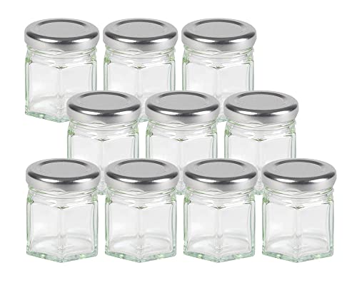 10x Sechskantgläser 47ml inkl. Silbernen Twist-Off Verschluss als Einmachglas, zur Aufbewahrung von Gewürzen oder auch als kleines Honigglas (Silber) von Vitrea