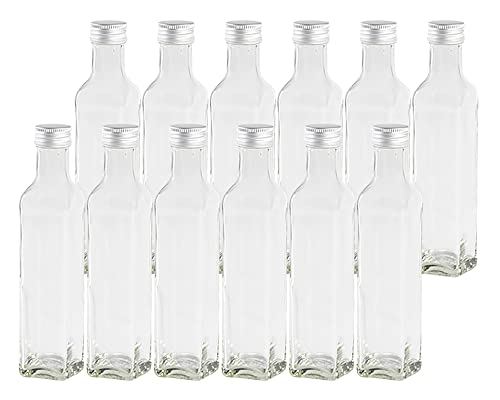 12 leere Glasflaschen Flaschen Maraska 250ml mit Schraub-Deckel Silber, Eckig, zum selbst Abfüllen Likörflasche Schnapsflasche von Vitrea