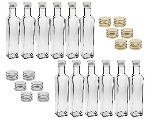 Vitrea 12 leere Glasflaschen Flaschen Maraska Weiß | 750ml & Etiketten | zum Beschriften incl. Schraubverschluss Gold, Eckig, zum selbst Abfüllen Likörflasche Schnapsflasche (Gold, 12 Stück) von Vitrea