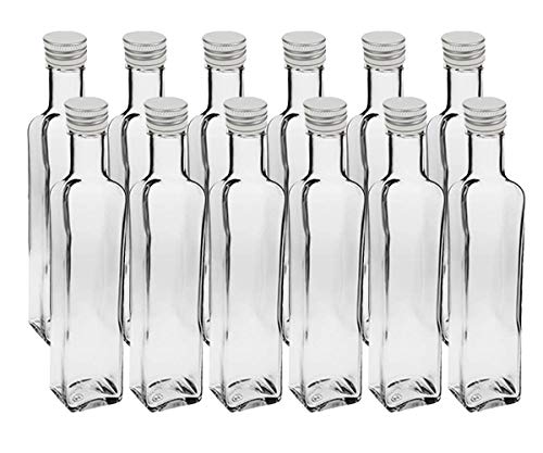 12 leere Glasflaschen "Maraska" 500 ml incl. Schraubverschluss, Eckig, zum selbst Abfüllen Likörflasche Schnapsflasche Silber Vitrea Rezeptheft von Vitrea