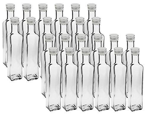 24 leere Glasflaschen "Maraska" & ETIKETTEN 250 ml incl. Schraubverschluss, Eckig, zum selbst Abfüllen Likörflasche Schnapsflasche Silber von Vitrea