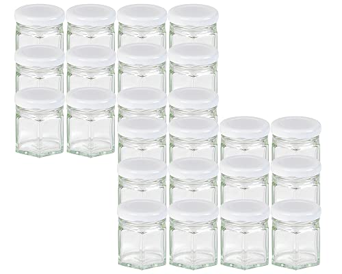 Vitrea 24x Sechskantgläser 47ml inkl. Weißen Twist-Off Verschluss als Einmachglas, zur Aufbewahrung von Gewürzen oder auch als kleines Honigglas (Weiß) von Vitrea