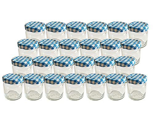 Vitrea 25 x Marmeladengläser kleine 50 ml Gläschen mit Schraub-Deckel Blau Kariert - Mini Einmachgläser - Honiggläser - Probiergläser für Gastgeschenke & Hochzeit Made in Germany von Vitrea