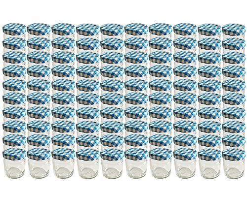 Vitrea 50er Set Einmachgläser mit Schraubdeckel 37 ml 4,3 x 5 cm (ØxH) Sturzgläser Gläser Rundgläser Marmeladengläser Senf (Blau Kariert) von Vitrea