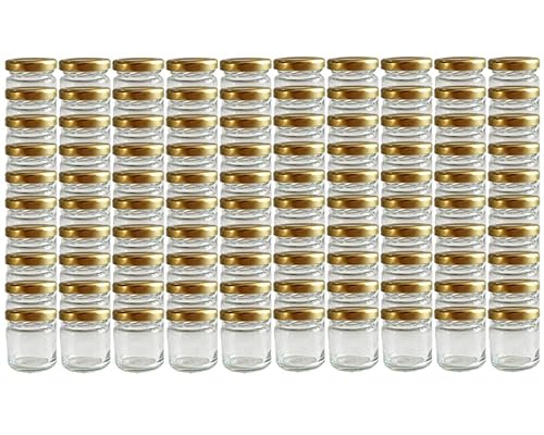 Vitrea 50er Set Einmachgläser mit Schraubdeckel 37 ml 4,3 x 5 cm (ØxH) Sturzgläser Gläser Rundgläser Marmeladengläser Senf (Gold) von Vitrea