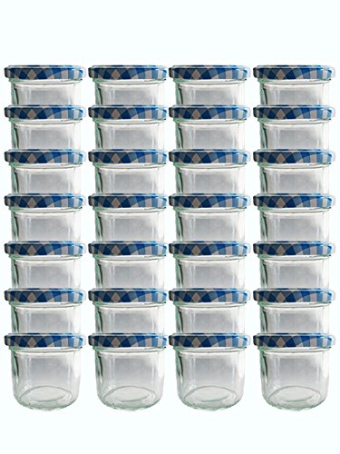 Vorratsgläser-Sturzgläser Set | Menge 20 Stück | Füllmenge 125 ml | mit Schraub-Deckel Deckelfarbe Blau Kariert 20 Etiketten | für Marmeladengläser Haushaltsetiketten beschriften Gläser | (Blau Kariert) von Vitrea