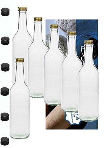 Vitrea 10 Leere Glasflaschen 1000ml 1 Liter Geradh mit Schraubverschluss Schwarzer Deckel zum Selbstbefüllen von Vitrea