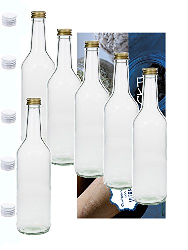 Vitrea 10 Leere Glasflaschen 1000ml 1 Liter Geradh mit Schraubverschluss Weißer Deckel zum Selbstbefüllen von Vitrea