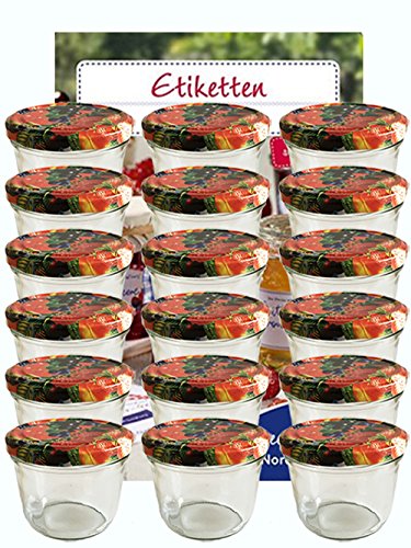 Vitrea 20 Stück | Vorratsgläser-Sturzgläser Set | Füllmenge 230ml | inkl. Schraubdeckel mit Etiketten | Allrounder für Marmeladengläser Deckelfarbe frei wählbar (Obst, 230 ml) von Vitrea