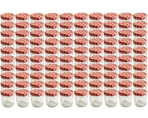 Vitrea 60 x Marmeladengläser kleine 37 ml Gläschen mit Schraub-Deckel Rot Kariert - Mini Einmachgläser - Honiggläser - Probiergläser für Gastgeschenke & Hochzeit Made in Germany (Rot Kariert) von Vitrea