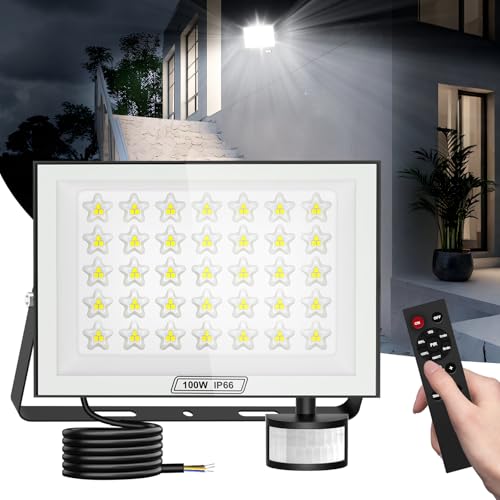Viugreum 100W LED Strahler mit Bewegungsmelder Außen, Superhell 10000LM Außenstrahler mit Fernbedienung, IP66 Wasserdicht LED Bewegungsmelder Außen, 6500K Kaltweiß Flutlicht für Garage Garten Hof von Viugreum