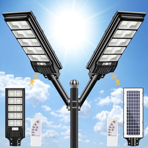 Viugreum 2 PACK 400W LED Solar Straßenlaterne mit Fernbedienung 720 LED 6500K Straßenlampe Wandleuchte mit Bewegungsmelder Sensor IP65 Wasserdicht Außen Straßenleuchte Wegeleuchte Freien von Viugreum