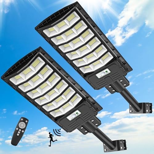 Viugreum 2 Stück 600W LED Solar Straßenlaterne mit Fernbedienung, 6500K Straßenlampe mit Bewegungsmelder Sensor IP65 Wasserdich Außen Solar Flutlichter Dämmerung bis zum Morgengrauen Außen Wegeleuchte von Viugreum
