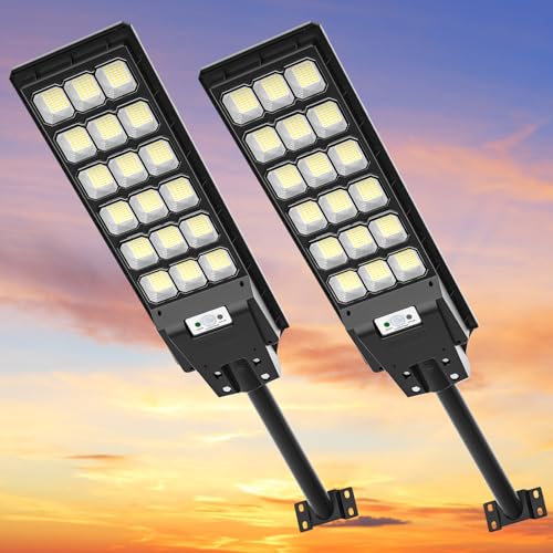 Viugreum 2 Stück 600W Solar Wegeleuchte mit Bewegungsmelder, 6500K LED Solar Straßenlaterne mit Fernbedienung IP65 Wasserdicht Straßenlampe Straßenleuchte für Straßen, Innenhöfe, Gärten geeignet von Viugreum
