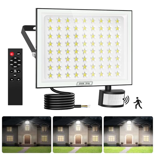 Viugreum 200W LED Strahler mit Bewegungsmelder Außen, Superhell 20000LM Außenstrahler mit Fernbedienung, IP66 Wasserdicht LED Bewegungsmelder Außen, 6500K Kaltweiß Flutlicht für Garage Garten Hof von Viugreum