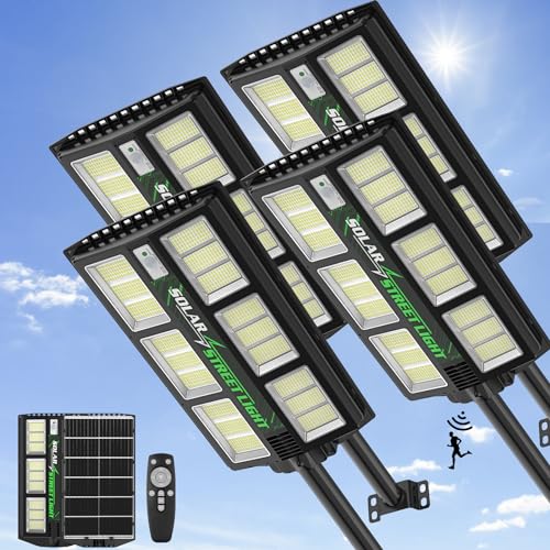 Viugreum 4 Stück 1200W LED Solar Straßenlaterne mit Fernbedienung, 6500K Straßenlampe mit Bewegungsmelder Sensor Dämmerung bis zum Morgengrauen Straßenleuchte IP65 Wasserdicht Solar Wegeleuchte von Viugreum