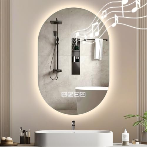 Viugreum 50x75cm Oval Bluetooth Badspiegel mit Beleuchtung, Badezimmerspiegel Kosmetikspiegel mit 3 Lichtfarben Dimmbar, Antibeschlag Wandspiegel LED Spiegel Bad für Badezimmer Hotel Zimmer von Viugreum