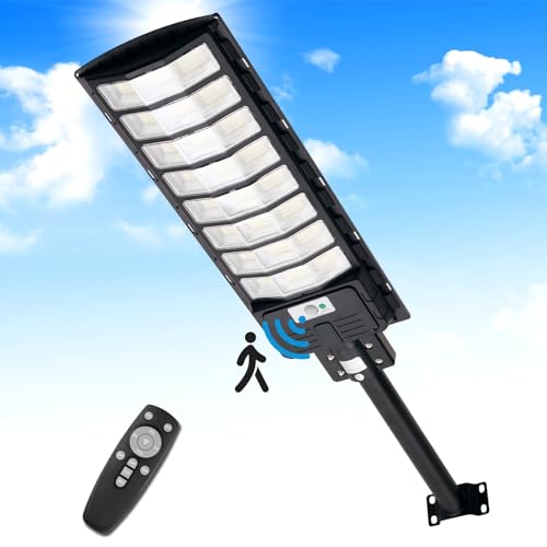 Viugreum 800W LED Solar Straßenlaterne mit Fernbedienung, 6500K Straßenlampe mit Bewegungsmelder Sensor IP65 Wasserdich Außen Solar Flutlichter Dämmerung bis zum Morgengrauen Außen Wegeleuchte von Viugreum