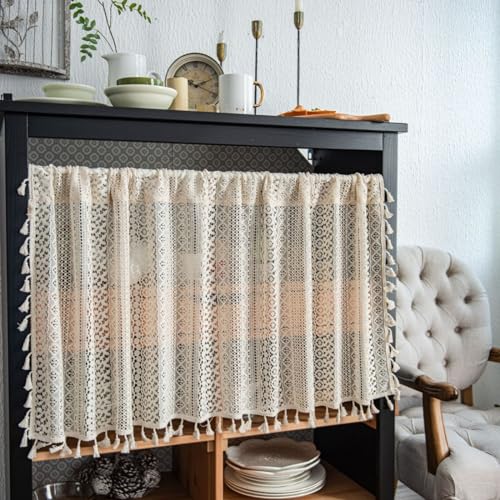 Scheibengardine, Baumwolle Hohl Stickerei Scheibengardine Landhausstil Bistrogardine Spitzen Vorhänge Halbtransparent Vorhang Boho Kurze Vorhang für Wohnzimmer Schlafzimmer Küche (150 x 60 cm) von Viusneun