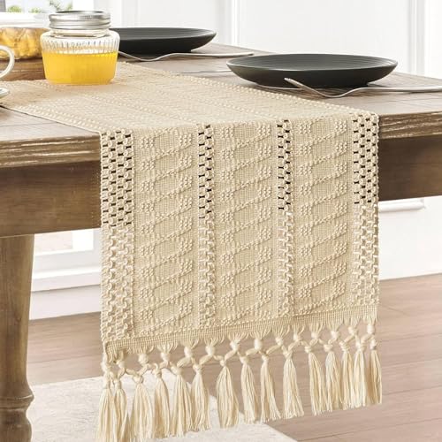 Viusneun Tischläufer, Gehäkelte Tischband Boho Tischläufer mit Quasten Landhaus Table Runner für Partys Hochzeit Geburtstage Weihnachten Tischdeko (Beige-Gelb,30 x 160 cm) von Viusneun