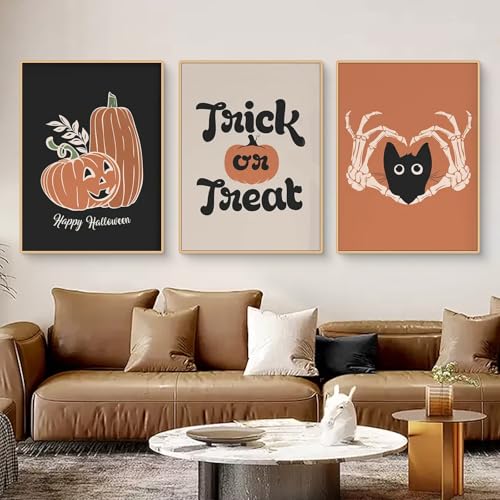Viusneun 3-teiliges Premium Poster-Set, lustiger Kürbis Schloss Kätzchen Bilder, Horror Skelett Leinwandbild Halloween Deko, Bilder Wohnzimmer Deko Schlafzimmer, ohne Rahmen (A,40x50cm) von Viusneun