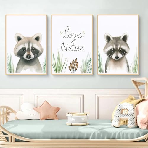 Viusneun 3er Designed Poster Set, Waschbär Wandbilder Niedliche Tiere Leinwandbilder Liebe zur Natur Wandposter Ohne Rahmen Kunstposter Deko für Kinderzimmer Babyzimmer (30 x 40 cm) von Viusneun