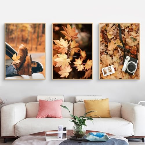 Viusneun 3er Premium Poster Set, Aesthetic Herbst Ahornblatt Wandbilder Premium Leinwandbilder Kunstdruck Wandposter Ohne Rahmen Herbst Poster für Wohnzimmer Schlafzimmer (40 x 50 cm) von Viusneun